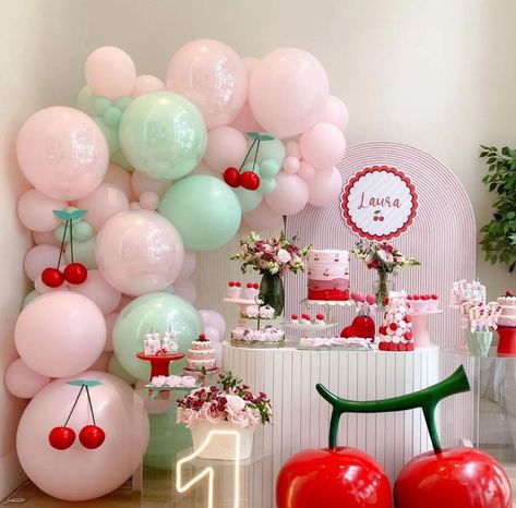 Cherry First Birthday Party, Cherry Balloons, Cherry Birthday Party Theme, Cherry Birthday Party, 30th Celebration, Cherry Birthday, Cherry Party, Baby Shower Fruit, Baby Shower Themes Neutral