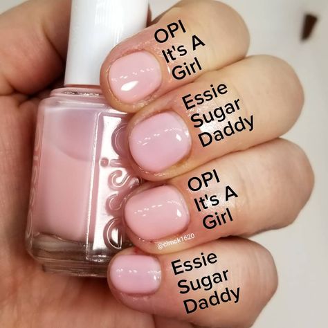 Comparison Swatches ♡ OPI | It's A Girl (index, ring) • Essie | Sugar Daddy (middle, pinky) Pink Nails Opi, Light Pink Nail Polish, Gel Manicure Colors, Essie Nail Colors, Infinity Nails, Bunny Nails, Pink Gel Nails, Manicure Colors, Light Pink Nails