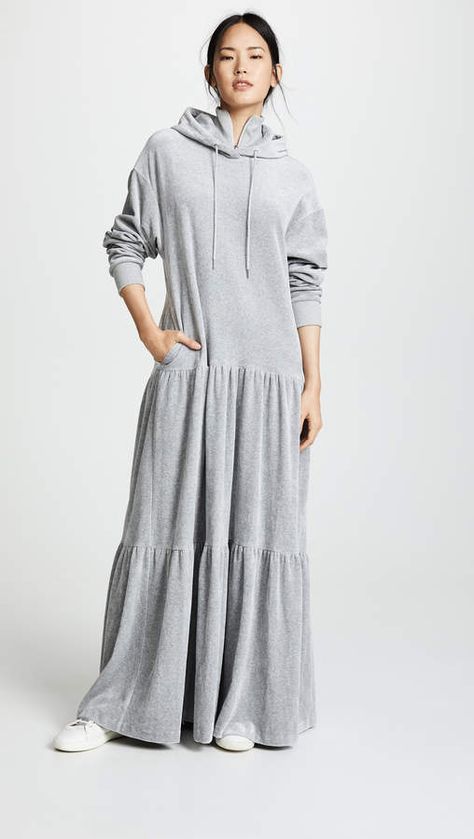 GOEN.J Velvet Dress #neckline#Exposed#Drawstring Hoodie Dress Outfit, Hoodie Sweatshirt Dress, Mode Abaya, Modesty Fashion, Fashion Inspiration Design, Sport Dress, Korea Fashion, Style Maxi Dress, Sweatshirt Dress