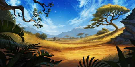 SMITE - Savannah Background by Nate RoseHere's an environment background for SMITE. I drew a lot of inspiration from classic 2D animations like the Lion King for this one and learned a lot! Environment Background, Savannah Art, Environment Painting, Sports Merchandise, Landscape Concept, Background Drawing, Scene Art, Fantasy Places, Landscape Drawings