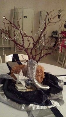 Centerpiece mockup and tables, pew decor! | Weddings, Do It Yourself, Planning | Wedding Forums | WeddingWire Stampede Decorations, 50th Centerpieces, Cowboy Centerpieces, Cowboy Dinner, Fair Decorations, Bling Birthday Party, Purse Bingo, Diamond Theme Party, Western Christmas Decorations