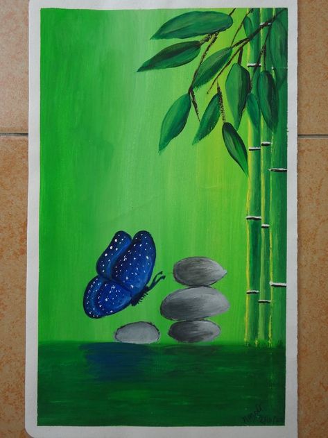 Painting of a butterfly in a Zen bamboo garden. Bamboo Painting On Canvas, Bamboo Art Painting, Bamboo Drawing, Butterfly Watercolor Painting, Painting Clipart, Animal Furniture, Bamboo Painting, Watercolor Painting Easy, Kids Canvas Painting