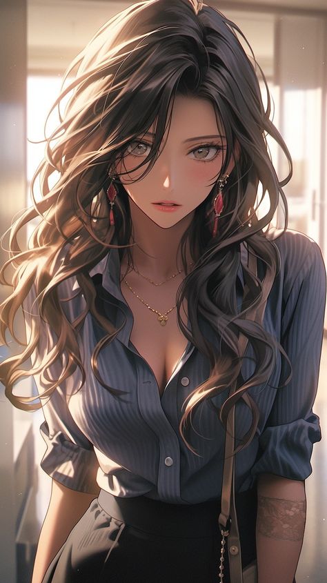 Female Character Design Brown Hair, Anime Brown Hair Woman, Female Character Design Brunette Anime, Tan Anime Woman, Brunette Anime Woman, Anime Female Brown Hair, Anime Oc Female Brown Hair, Brown Hair Anime Female, Character Art Female Brunette