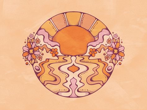 Laptop Wallpaper 70s Aesthetic, Sun And Flowers, 70s Laptop Wallpaper, Sun Art Painting, 70s Desktop Wallpaper, 70s Aesthetic Tattoo, 70s Drawings, 60s Inspired Tattoos, Boho Laptop Wallpaper