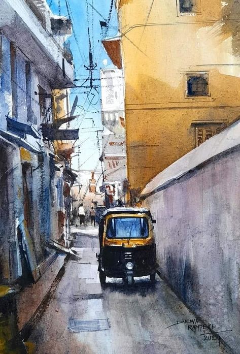 Dewa Ramteke Street Drawing, Plein Air Watercolor, Ganesh Art Paintings, Watercolor Art Landscape, Butterfly Art Painting, Building Painting, Water Poster, Watercolour Landscape, India Photography