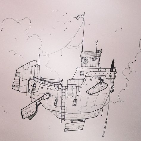 Flying Ship Drawing, Flying Ships Fantasy Concept Art, Air Ship Concept Art, Steam Boat Drawing, Flying Boat Concept Art, Steampunk Boat Concept Art, Boat Sketch, Ship Sketch, Steampunk Drawing