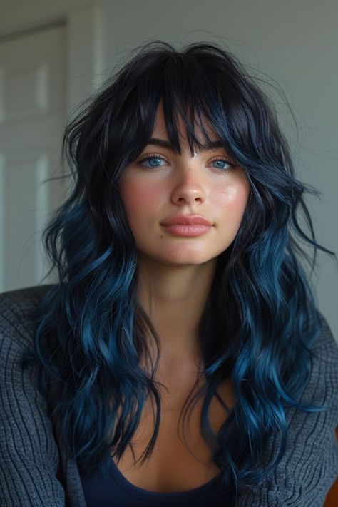 Blue In Hair, Colored Hair With Bangs, Two Toned Hairstyles, Fun Hair Cuts, Cool Blue Hair, Delicate Hairstyles, Hair Color Women, Black And Blue Hair, Flowers Hairstyle