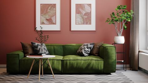 51 Red Living Rooms With Tips And Accessories To Help You Decorate Yours Yellow Green Interior Design, Walls With Black Trim, Yellow Green Interior, Green Couch Decor, Dark Green Couches, Red Feature Wall, Red Furniture Living Room, Green Couch Living Room, Burgundy Walls