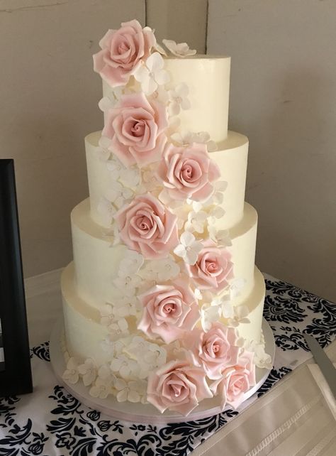 Wedding Cake With Pink Gum Paste Roses Cascading roses White Cake With Pink Roses, Pink Champagne Wedding Cake, Wedding Cake With Pink Roses, Pink And White Sweet 16 Cake, Pastel Pink Wedding Cake, Blush Pink Quince Cake, Wedding Cakes Pink And White, Wedding Cake Light Pink, 3 Tier Pink Cake