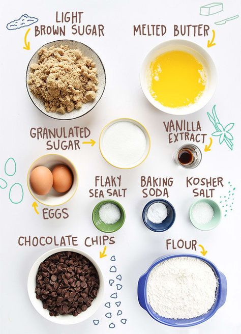 Pro chefs and bakers call these pre-measured ingredients mise en place, and it's something they swear by. Having things pre-measured means you won't have to stop what you're doing mid-recipe and rummage through cabinets for measuring cups or ingredients. Ultimately, it'll save you time. Also, a lot of doughs and batters are sensitive to temperature (if butter needs to be soft but not too melted) and time (if you want chocolate melted but not scorched), so you really don't want to have to step... Ultimate Chocolate Chip Cookie, Baking Secrets, Make Chocolate Chip Cookies, Chocolate Chip Cookies Ingredients, Gooey Cookies, Cookie Spread, Best Chocolate Chip Cookie, Perfect Pies, Mini Cheesecakes