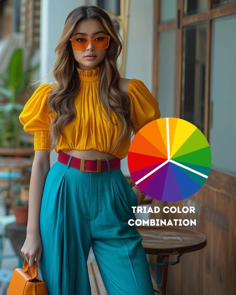 What do you think about the 3rd one? 🥻 Discover how to turn heads and craft stunning outfits with the vibrant power of triad color combinations. Here’s your guide to making these playful and harmonious hues work for you: 🔸 Triad colors are three hues evenly spaced around the color wheel, creating a triangle of color harmony. 🔸 They offer a balanced yet dynamic visual appeal that can be both bold and sophisticated. 🔸 Perfect for those who love to make a statement with their style or add a spl... Creative Style Outfits, Dots Outfit, Modern Royalty, Three Color Combinations, Teal Pants, Polka Dots Outfit, The Color Wheel, Color Combinations For Clothes, Ideas Outfit