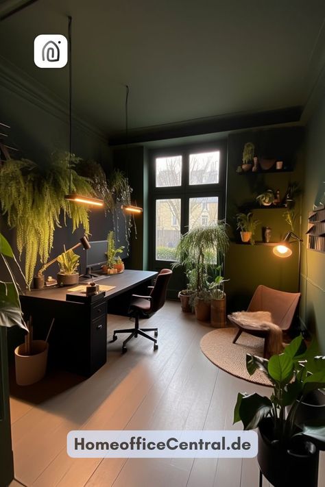 #work from home office setup idea #work from home office setup work from home office design work from home office setup small Dark Green Desk Setup, Green Small Office, Home Office Dark Green, Men’s Home Office Ideas, Desk Setup Plants, Home Office For Men Rustic, Dark Office Design, Dark Green Home Office, Home Office Ideas For Small Spaces