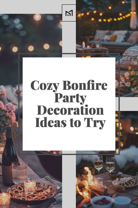 Create an inviting atmosphere for your bonfire party with cozy decorations that enhance the warmth of the flames. Set up blankets, cushions, and rustic wooden benches around the fire pit for comfortable seating. Hang string lights and lanterns from nearby trees, and scatter flameless candles on tables for a magical glow. Add touches of autumn foliage and seasonal flowers to complete the cozy ambiance. Bonfire Decorations Party Ideas, Bonfire Decor Ideas, Bonfire Shower Ideas, Outdoor Fire Pit Lighting Ideas, Bonfire Christmas Party, 21st Birthday Bonfire Ideas, Graduation Bonfire Party Ideas, Bon Fire Pit Ideas, Fall Fire Pit Party