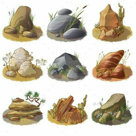 How To Draw Rocks, Tree House Logo, Stone Drawing, Drawing Rocks, Rock And Minerals, Concept Art Tutorial, Seni Dan Kraf, House Logo, Digital Painting Tutorials