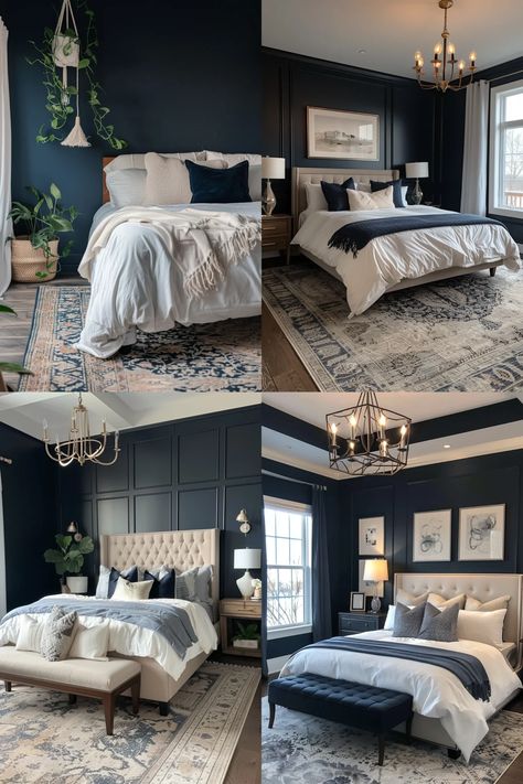 29 Stunning Dark Bedroom Ideas With Modern Accent Walls - TrendyDesign Master Accent Wall, Dark Bedroom Ideas, Dark Accent Walls, Black Accent Walls, Beautiful Bedrooms Master, Dark Blue Walls, Dark Bedroom, Neutral Bedroom, Modern Accents