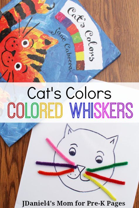 Cat's Colors: Colored Whiskers. A fun, hands-on activity to go along with the book Cat's Colors. Use sticky paper to make the Cat's Colored Whiskers. Perfect for Preschoolers at home or school. - Pre-K Pages Prek Themes, Pet Study, Pet Theme, Pets Preschool Theme, Pre K Pages, Teaching Themes, Preschool Colors, Cat Activity, Sticky Paper