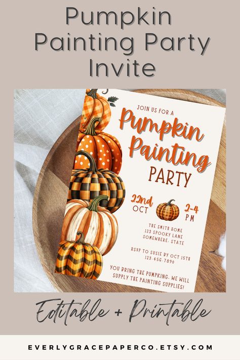 Planning a Pumpkin Painting Party? This editable invitation is a great choice for such a fun party! Black Pumpkin Painting, Halloween Carving, Pumpkin Painting Party, Fall Party Invitations, Envelope Addressing Template, Halloween Party Invite, Pumpkin Drinks, Pumpkin Craft, Festive Crafts