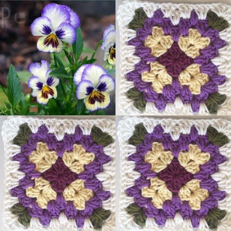 Crochet Pansy Granny Square, Pansy Granny Square Pattern, Crochet Flower Granny Square Pattern, Crochet Garden, Flower Granny Square, Crochet Flowers Easy, Pansy Flower, Crochet Afgans, Crochet Blocks