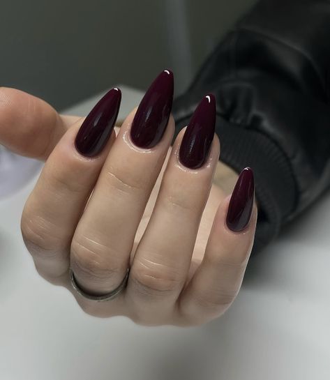 Cherry Wine Nails Almond, Long Almond Burgundy Nails, Hades And Persephone Inspired Nails, Simple Fall Nail Designs Almond Shape, Almond Maroon Nails, Wine Coloured Nails, Nails Coffin Dark, Dark Berry Nails, Wine Nails Designs Burgundy