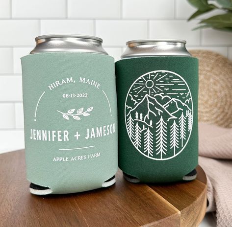 Mountain Wedding Party, Camp Bach, Wedding Beer, Beer Holder, Cabin Wedding, Beer Holders, Custom Wedding Favours, Outdoor Events, Can Cooler