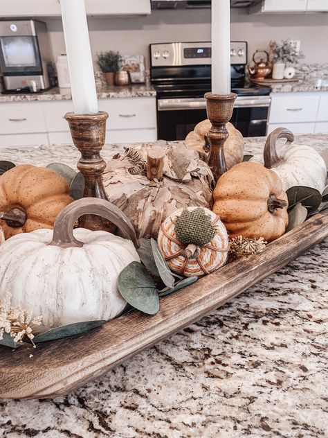 Fall Table Decor Dough Bowl, Fall Table Bowl Decor, How To Style A Dough Bowl For Fall, Fall Table Centerpieces Dough Bowl, Fall Media Console Decor, How To Decorate A Dough Bowl For Fall, Fall Centerpiece For Dining Table, Dough Bowl Fall Decor, Dough Bowls Centerpiece