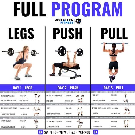 Rob Allen on Instagram: “💥LEGS/PUSH/PULL SPLIT💥 . For more fitness/nutrition info follow @roballenfitness 💪🏼 . Here’s a sample of 3 full workouts if you’re looking…” 3 Day Split Workout Women Gym, Push Pull Workout Routine, 3 Day Split, Push Pull Split, Push Pull Legs Routine, Pull Exercises, Push Pull Legs Workout, Push Day Workout, Push Pull Workout