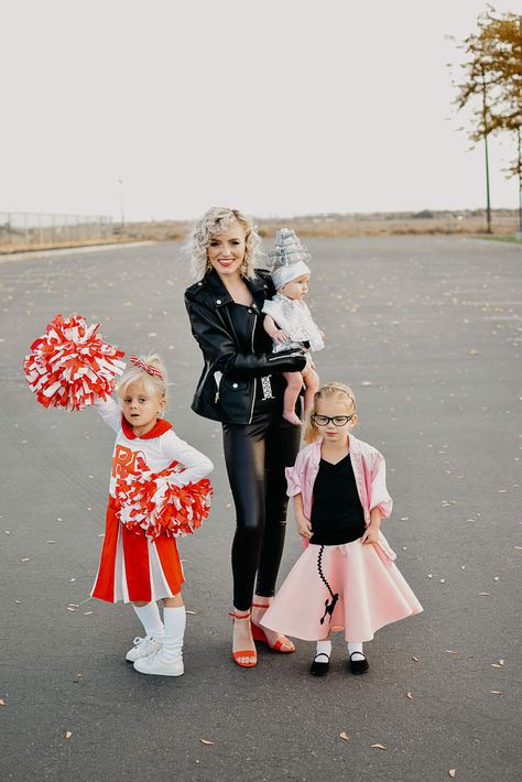 Sandy Grease Family Halloween Costumes | JAMIEERICKSEN Grease Halloween Costumes Kids, Family Grease Halloween Costumes, Grease Halloween Costumes Family, 50s Family Halloween Costume, Greece Family Costume, Grease Family Halloween Costumes, Elvis Family Costume Ideas, Group Family Halloween Costumes, Barbie Family Halloween Costumes