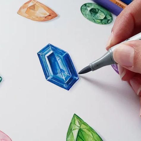 Teaching your how to render gemstones without the fuss. Drawing Gemstones, Coloring Gemstones, Gems Illustration, Drawing Jewellery, Using Alcohol Markers, Gem Drawing, How To Render, Pencil Artwork, Colored Pencil Artwork