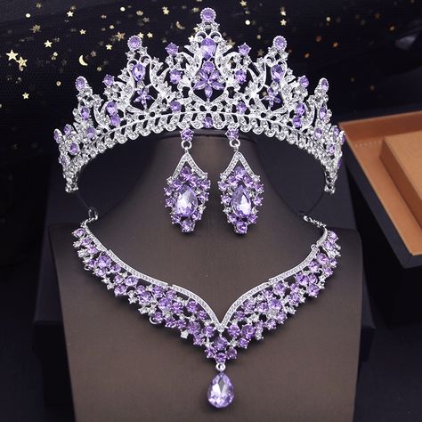 Fashion Purple Colors Bridal Jewelry Sets With Tiaras Princess Wedding Crown Necklace Earrings Set Crystal Wedding Tiaras, Fashion Purple, Tiaras Jewellery, Crown Pendant, Crystal Bridal Tiaras, Princess Jewelry, Crown Necklace, Magical Jewelry, Colorful Accessories