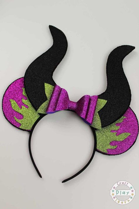 DIY Maleficent Mickey Ears Tutorial With Free Template - Craft Play Learn Maleficent Mickey Ears, Diy Mickey Ears Template, Diy Maleficent Horns, Ears Tutorial, Template Craft, Diy Disney Ears, Diy Mickey Ears, Disney Mouse Ears, Mickey Mouse Ears Headband