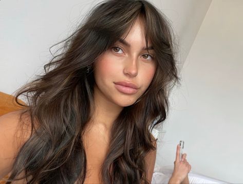 Dark Brown Hair With Curtain Bangs And Layers, Summer Haircuts 2023 Long, Wispy Curtain Bangs Long Hair Brunette, Black Fringe Hair, Black Hair Balayage Curtain Bangs, Waterfall Curtain Bangs, Long Brown Hair With Side Bangs, Dark Brunette With Curtain Bangs, 70s Brown Hair