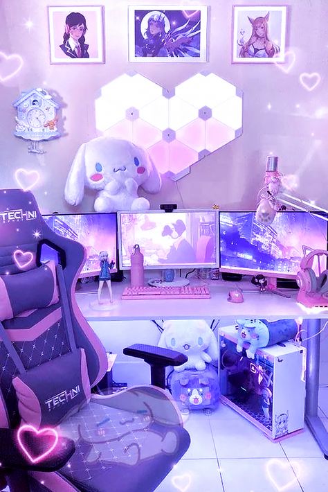 Gamer Room Diy, Gaming Desk Setup, Kawaii Bedroom, Gamer Setup, Gamer Room Decor, Otaku Room, Video Game Room Design, Video Game Rooms, Girl Bedroom Designs