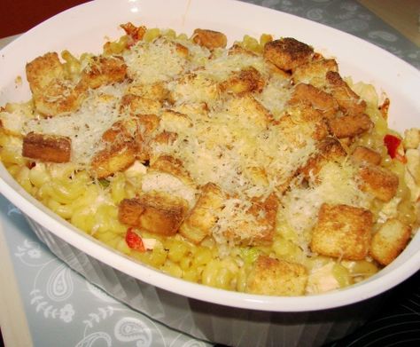 Caesar Chicken Pasta Recipe - Food.com Caesar Sauce, Chicken Caesar Pasta, Caesar Pasta, Caesar Chicken, Chicken Caesar, Pasta Casserole, Chicken Pasta Recipes, Pasta Bake, Croutons