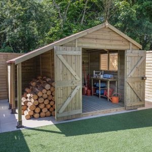 Garden Design With Shed, Shed And Wood Storage, Shed With Wood Storage On Side, Farm Storage Ideas, Diy Small Storage Shed, Garden Shed With Wood Storage, Wooden Workshop Ideas, Wooden Garden Shed, Outdoor Building Ideas Storage Sheds