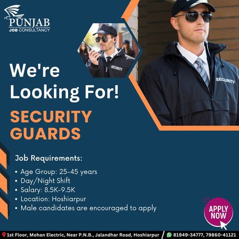 😇✨We're looking for #SecurityGuards ✅👥Male Candidates ✅📌Location: Hoshiarpur ✔ Please share your CV at punjabjobconsultancy@gmail.com 📞For more details, contact or WhatsApp us, at +91 81949-34777, 79860-41121 #Guard #SecurityJob #Security #SecurityServices #SafetyTraining #HoshiarpurJobs #JobsinHoshiarpur #PunjabJobConsultancy #India #Interview #WeareHiring #JobOpportunity #HoshiarpurJob #JobinHoshiarpur #PunjabJobs #Jobs #Hiring #Vacancy Hiring Poster, Travel Poster Design, Safety Training, We Are Hiring, Security Guard, Night Shift, Jobs Hiring, 45 Years, Job Opportunities