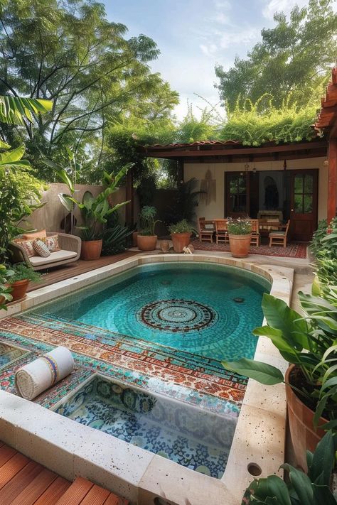 15 Stunning Above Ground Pool Ideas for Your Backyard 12 Florida Pool Patio Ideas, Pool Remodel Ideas, Bohemian Pool, Soaking Pool, Retro Patio Furniture, Raised Pools, Unique Landscaping, Landscaping Pool, Dipping Pool