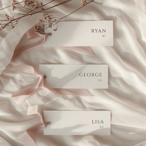 Minimalist Wedding Name Tag Table Place Cards Wedding Seating Name Tags, Wedding Name Card Ideas Table Seating, Champagne Place Cards Wedding, Name Card Wedding Ideas, Wedding Table Name Tags, Table Name Cards Wedding, Place Cards With Ribbon, Name Tag Table, Minimalist Wedding Table Decor