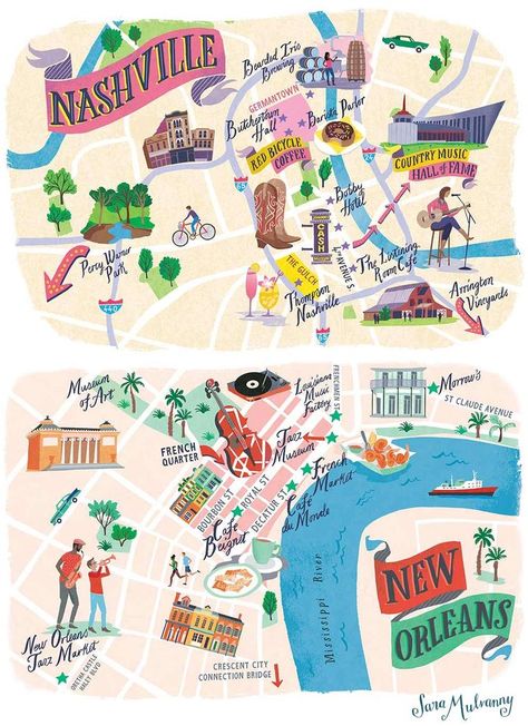 Illustrated maps of Nashville and New Orleans for CBS Watch! Magazine Magazine featuring landmarks and foodie destinations of the cities. ©SaraMulvannyIllustrationLtd Nashville Map Illustration, Nashville Illustration, Nashville Landmarks, New Orleans Illustration, Plant Festival, Map Of Nashville, Keliling Dunia, Nashville Map, New Orleans Map