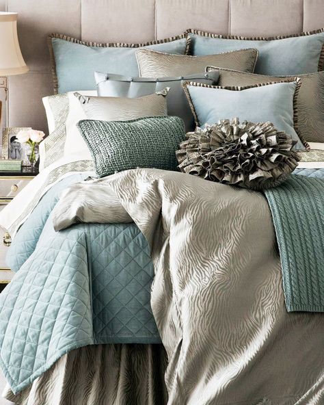 Aqua  silver bedding Light Blue And Silver Bedroom Ideas, Gorgeous Bedrooms Luxury Classy, Silver Bedding, Modern Bedroom Colors, Grey Bedroom, Bedroom Color Schemes, Gray Bedroom, Blue And Grey, Blue Bedroom