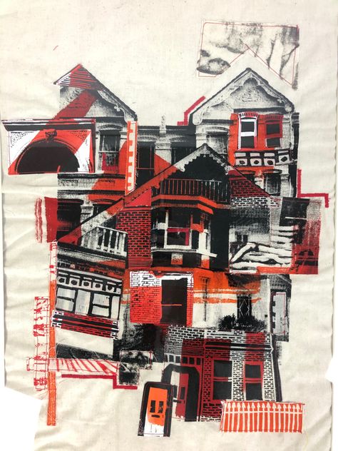 This piece is a large collage, the base is a screen print of a collaged composition of houses focussing on residential middle class housing, I then worked on top of it by collaging different lino prints and screen prints, also of similar architecture. The collage was attached together using only sewing Collage Houses Art, Lino Print Collage, House Collage Art, Lino Print Buildings, Architecture Collage Abstract, Mixed Media Graphic Design, Mixed Media Architecture, Architecture Printmaking, Building Collage