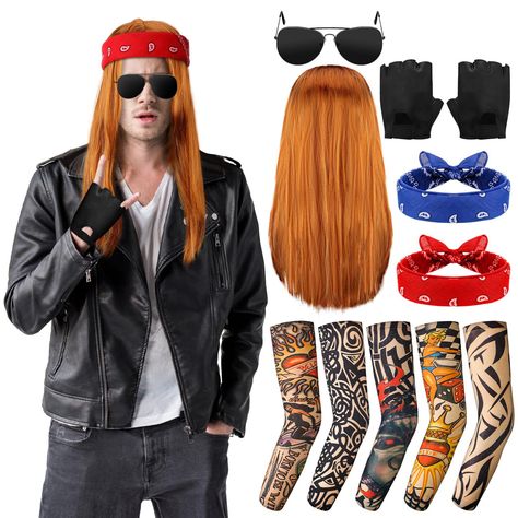 PRICES MAY VARY. Rocker Costume Accessories: our Halloween rocker costume set includes a headband, sunglasses, gloves, wig, and tattoo sleeves, giving you all the necessary accessories to rock your Halloween or stage performance; The cool and comfortable cosplay attire will surely grab attention and make you the center of attention in the crowd Metal Rock Costume: the men's 90s clothes are designed with elements from the 80s, predominantly in black color, with additional accessories to add a tou 80s Rocker Costume, Rock And Roll Costume, 80s Outfit For Men, Disco Wig, 80s Wig, 80s Costumes, Rocker Costume, Rock Costume, Rock Star Costume