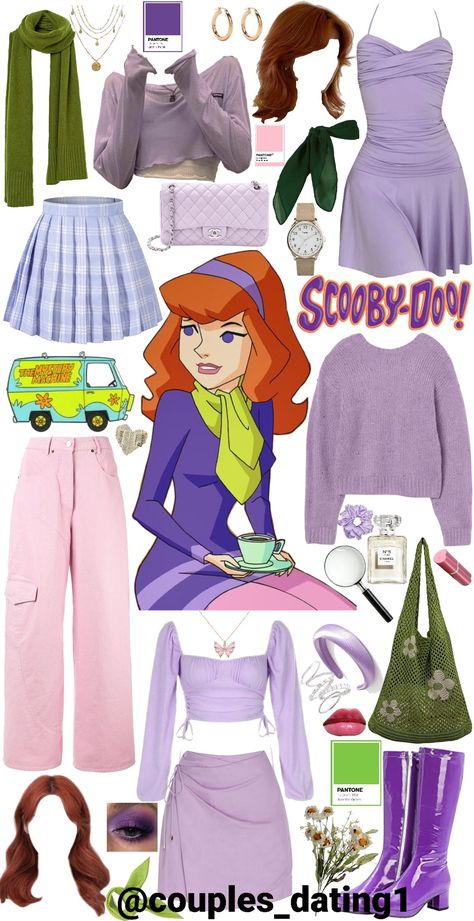 A collage of clothing and accessories used to create a Daphne (Scooby Doo) DIY costume. Lots of purple and green. Group costume. Costume Ideas Scooby Doo, Daphne Costume With Jeans, Scooby Doo Halloween Costume Ideas, Dephane Scooby Doo Costume, Daphanie Costume, Characters To Dress Up As For Halloween, Daphne Scooby Doo Halloween Costume, Scoby Doby Doo Halloween Costumes, Book Character Inspired Outfits