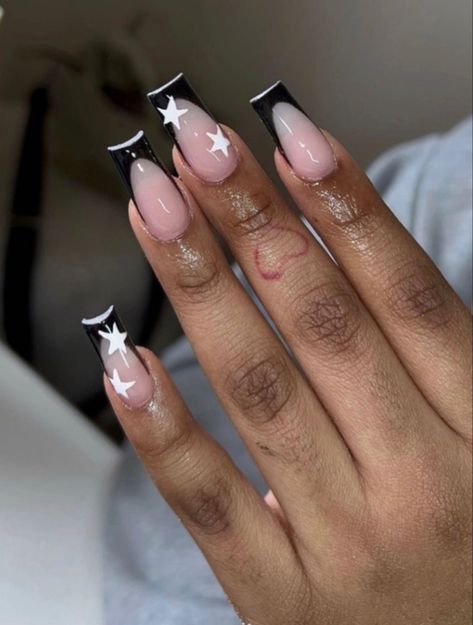 Stars Nails, Black French Tip, Black French Tips, Black French, Star Nails, White Stars, French Tip Nails, French Nails, Pretty Nails