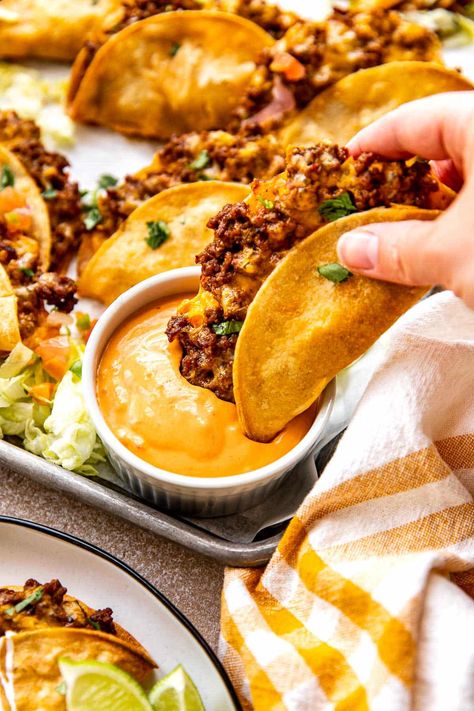 Crispy Beef Tacos (Baked Not Fried!) Crispy Beef Tacos, Tacos Baked, Crispy Taco Shells, Cheesy Ground Beef, Taco Toppings, Chipotle Crema, Spicy Shrimp Tacos, Crispy Beef, Crispy Tacos