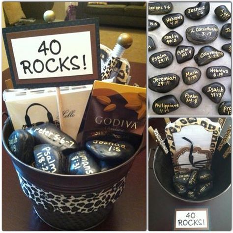 A bucket of encouragement and fun for a milestone birthday.  Oil-based Sharpie pen writes well on a stone surface.  I selected 40 inspirational scripture references to usher in an exciting new decade... 40 Rocks! 40 Rocks Birthday Ideas, Gifts For 40th Birthday Men, 40th Birthday Party Men, 40th Birthday Ideas For Women, 40 Rocks, 40th Party Ideas, 40th Birthday For Women, Husband 40th Birthday, 40th Birthday Balloons