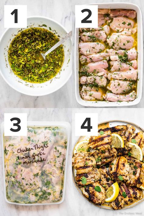 This lemon garlic chicken marinade is super simple to make, healthy, and full of flavor. Simply marinate your favorite chicken in lemon juice, oil, garlic, and herbs then grill it, bake it, or freeze it for later! #chicken #chickenmarinade #lemongarlic #glutenfree #healthy #easymeal #marinade #marinate #chickenrecipe #theendlessmeal Lemon Garlic Marinade For Chicken, Lemon Chicken Marinade For The Grill, Healthy Grilled Chicken Marinade, Lemon Garlic Marinade, Lemon Garlic Grilled Chicken, Lemon And Herb Chicken Marinade, Lemon Marinade For Chicken, Dill Chicken Marinade, Garlic Herb Chicken Marinade