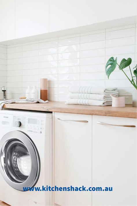 White And Timber Laundry, Wooden Benchtop, Laminate Benchtop, Dining Room Transformation, Timber Benchtop, Scandi Bathroom, Flatpack Kitchen, White Cupboards, Handleless Kitchen