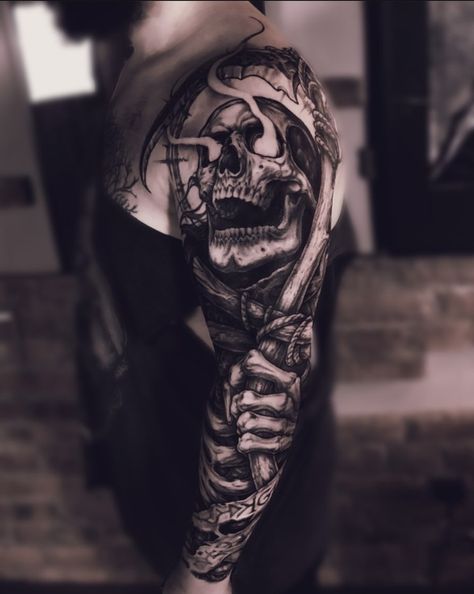 Grimm Reaper Tattoo, Cross Tattoo On Hand, Poseidon Tattoo, Skull Art Tattoo, Grim Reaper Tattoo, Reaper Tattoo, The Grim Reaper, Different Design Styles, Half Sleeve Tattoos For Guys