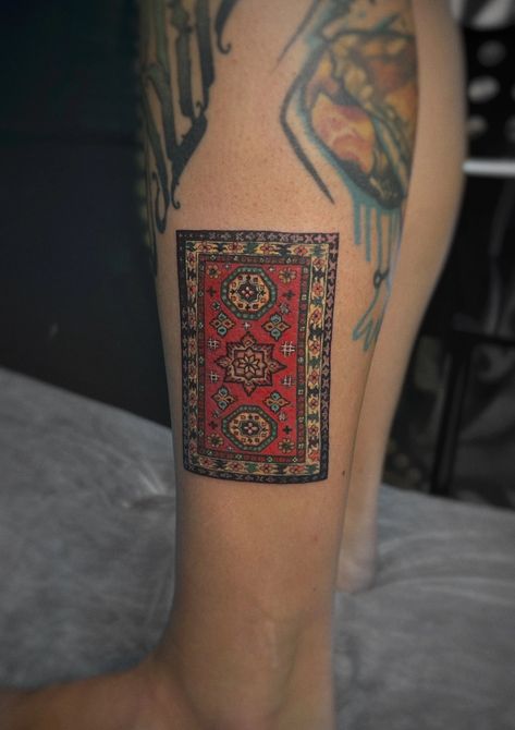 Carpet Tattoo Design, Persian Rug Tattoo, Scandanavian Tattoo, Russian Style Tattoo, Russian Tattoo Traditional, Soviet Tattoo, Bosnian Tattoo, Aged Tattoo, Carpet Tattoo