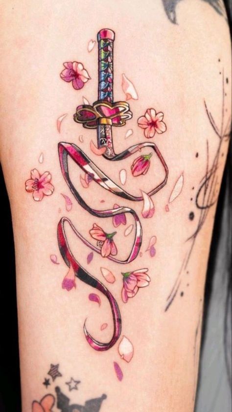 Mitsuri And Obanai Tattoo, Mitsuri Kanroji Tattoo Ideas, Mitsuri Tattoo, Kimetsu No Yaiba Tattoo, Demon Slayer Tattoos, Demon Slayer Tattoo Ideas, Slayer Tattoo, Kawaii Tattoo, Fire Tattoo